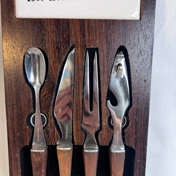 VTG 4 Piece Bar Ware Tool Set Hanging Magnetic Mid Century Modern Wood Tile - Picture 3 of 16